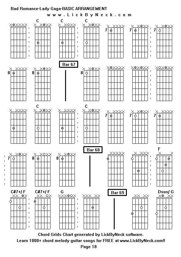 Chord Grids Chart of chord melody fingerstyle guitar song-Bad Romance-Lady Gaga-BASIC ARRANGEMENT,generated by LickByNeck software.